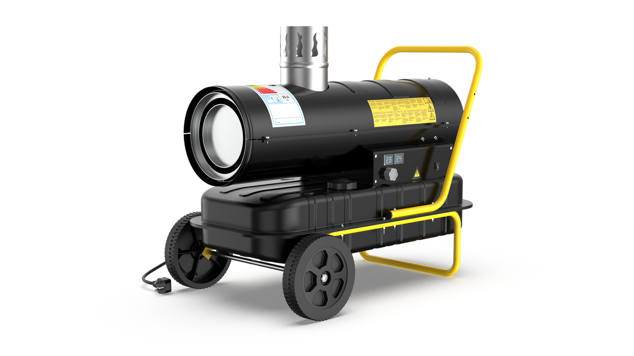 DAHTEC Indirect Diesel heating 20 kW - industrial radiator - 38L large tank - large wheels, adjustable Thermostat & oil level indicator - for workshops, construction sites, agriculture