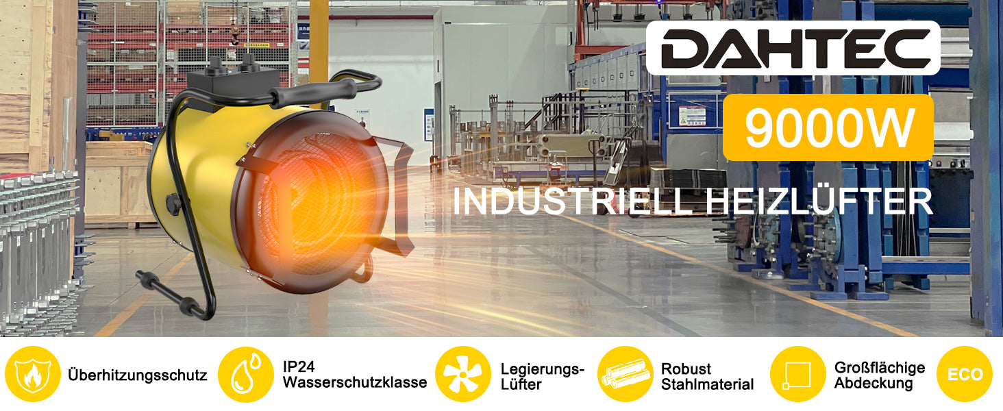 DAHTEC BG-C9 9kW Elektroheizlüfter – Industrie-Heizgerät mit Thermostat & 3 Stufen