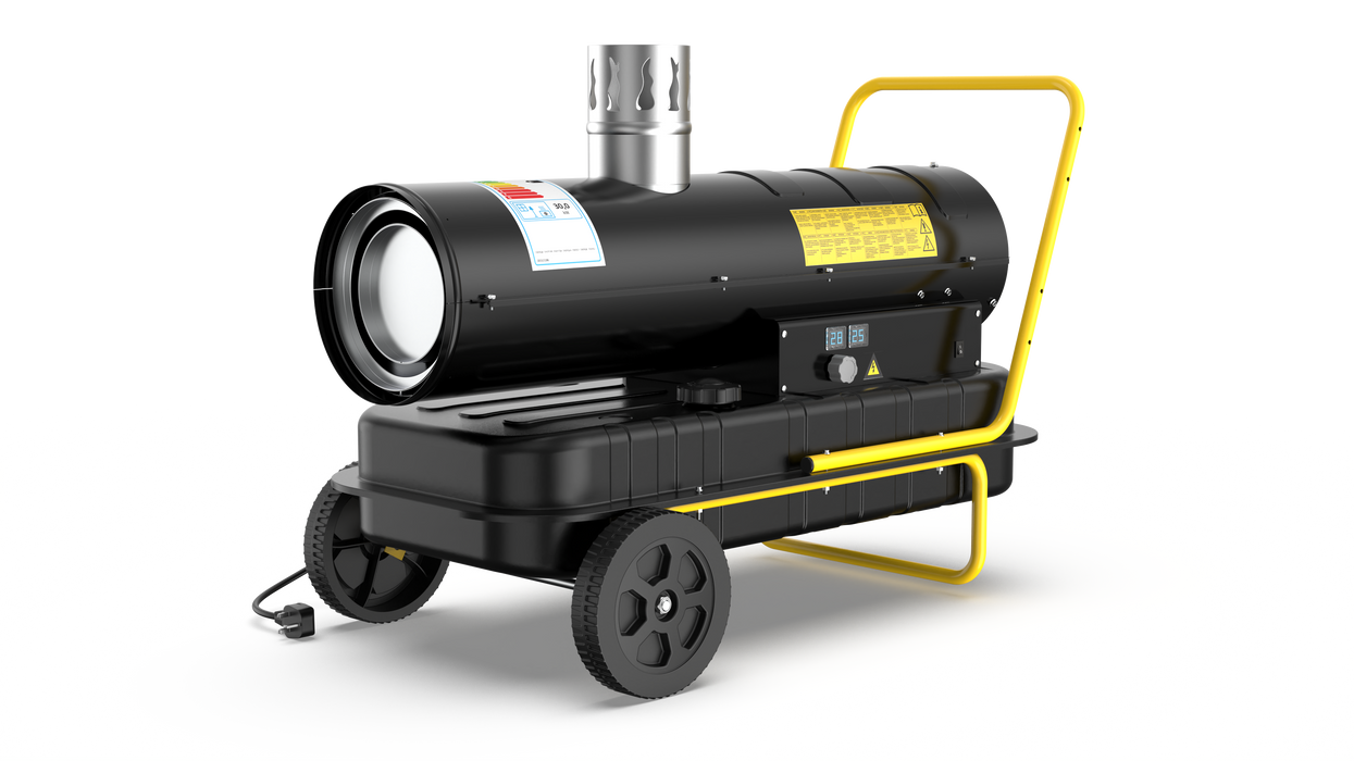 DAHTEC Indirect Diesel heating 30 kW - industrial radiator - 50L large tank - large wheels, adjustable Thermostat & oil level indicator - for workshops, construction sites, agriculture