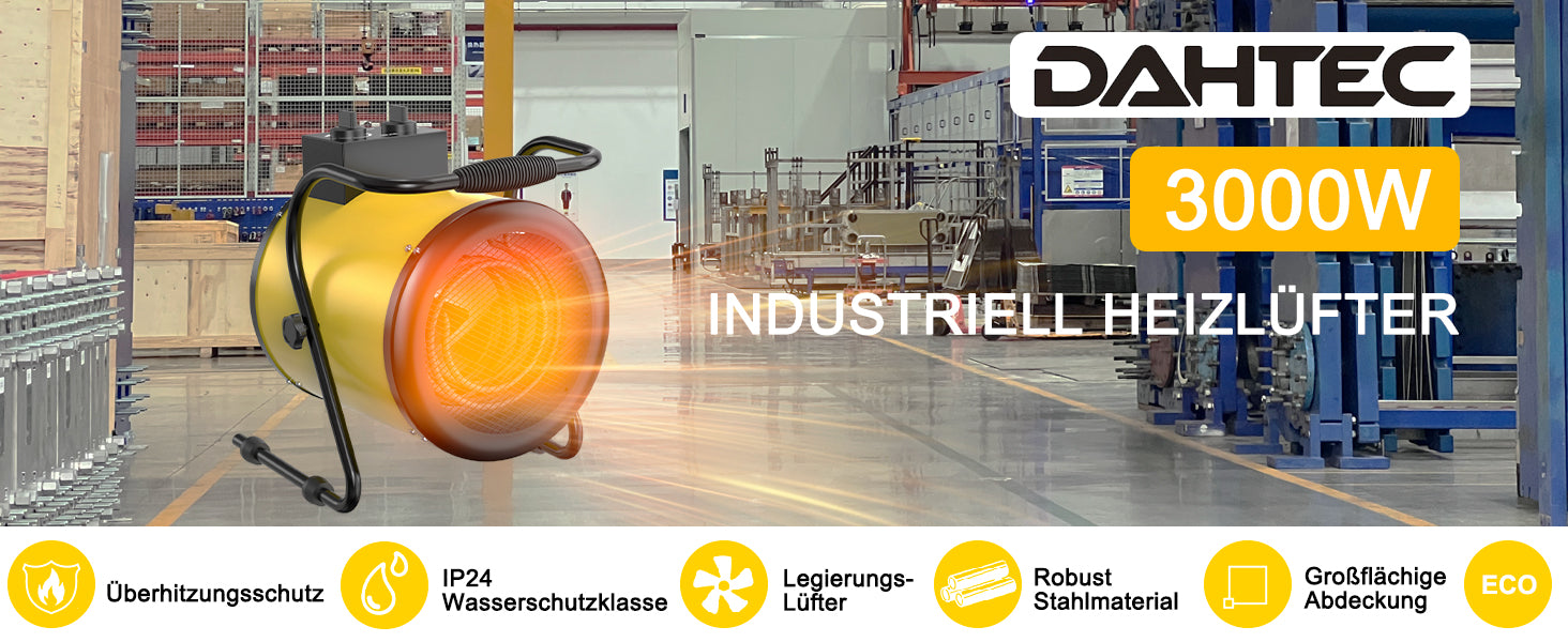DAHTEC BG-C3 3000W Elektroheizlüfter – Industrie-Heizgerät mit Thermostat & 3 Stufen