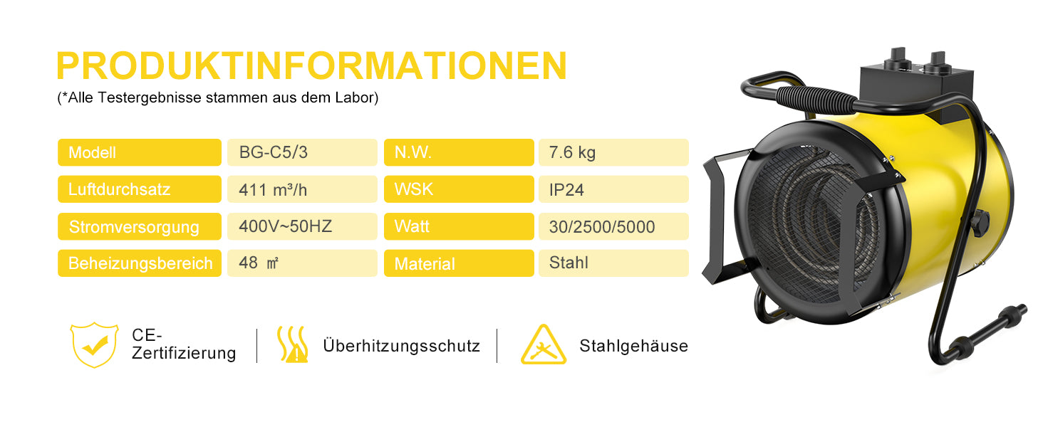 DAHTEC BG-C5 5000W Elektroheizlüfter – Industrie-Heizgerät mit Thermostat & 3 Stufen