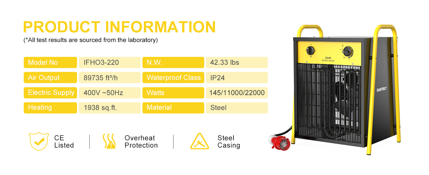 Dahtec industrial thermofan 22 kw - electric radiator - low consumption - thermostat and protection against overheating - for house, greenhouse or construction site