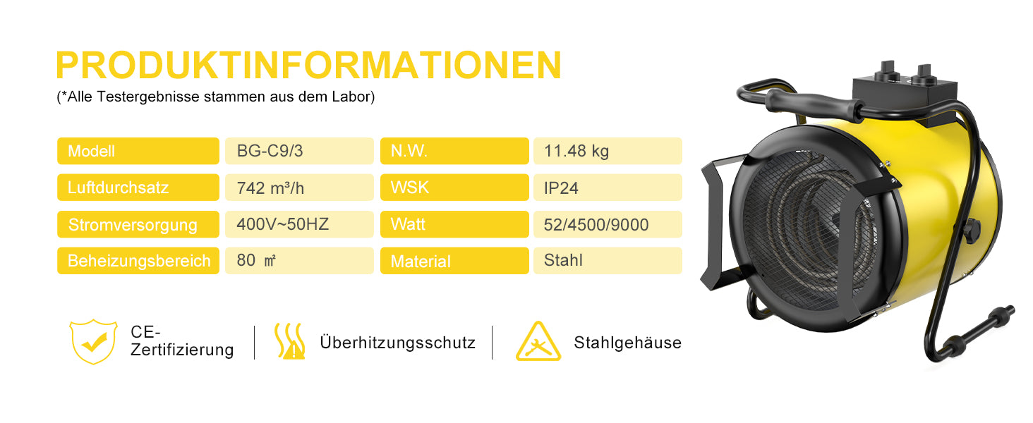 DAHTEC BG-C9 9kW Elektroheizlüfter – Industrie-Heizgerät mit Thermostat & 3 Stufen