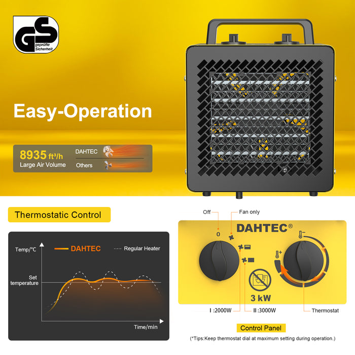 DAHTEC ceramic heating fan 3000W small heating radiator building heater with thermostat and 3 heating levels building dryer bathroom, table and indoor heating fan