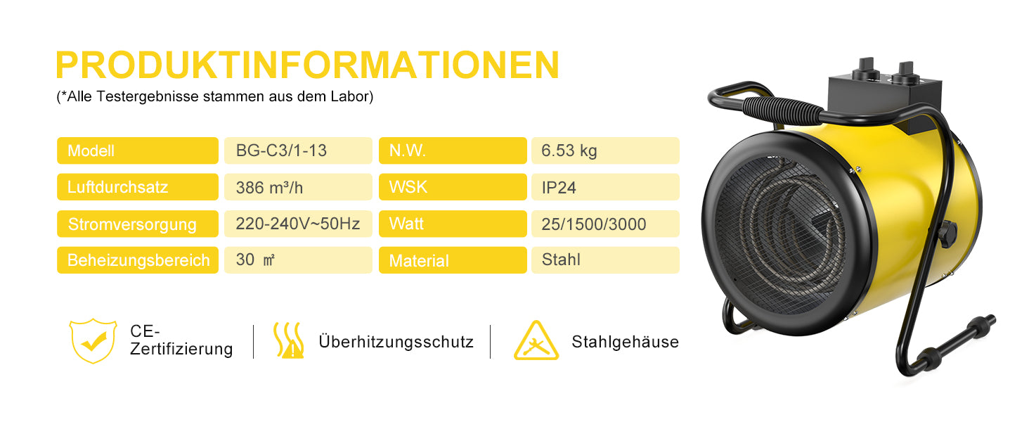 DAHTEC BG-C3 3000W Elektroheizlüfter – Industrie-Heizgerät mit Thermostat & 3 Stufen