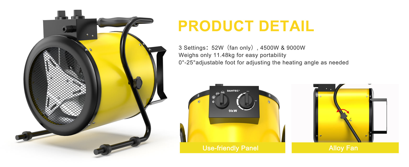 DAHTEC Portable 9KW High Power Industrial Heater Electric Fan Heaters for Planting Greenhouse Workshop Heating Home