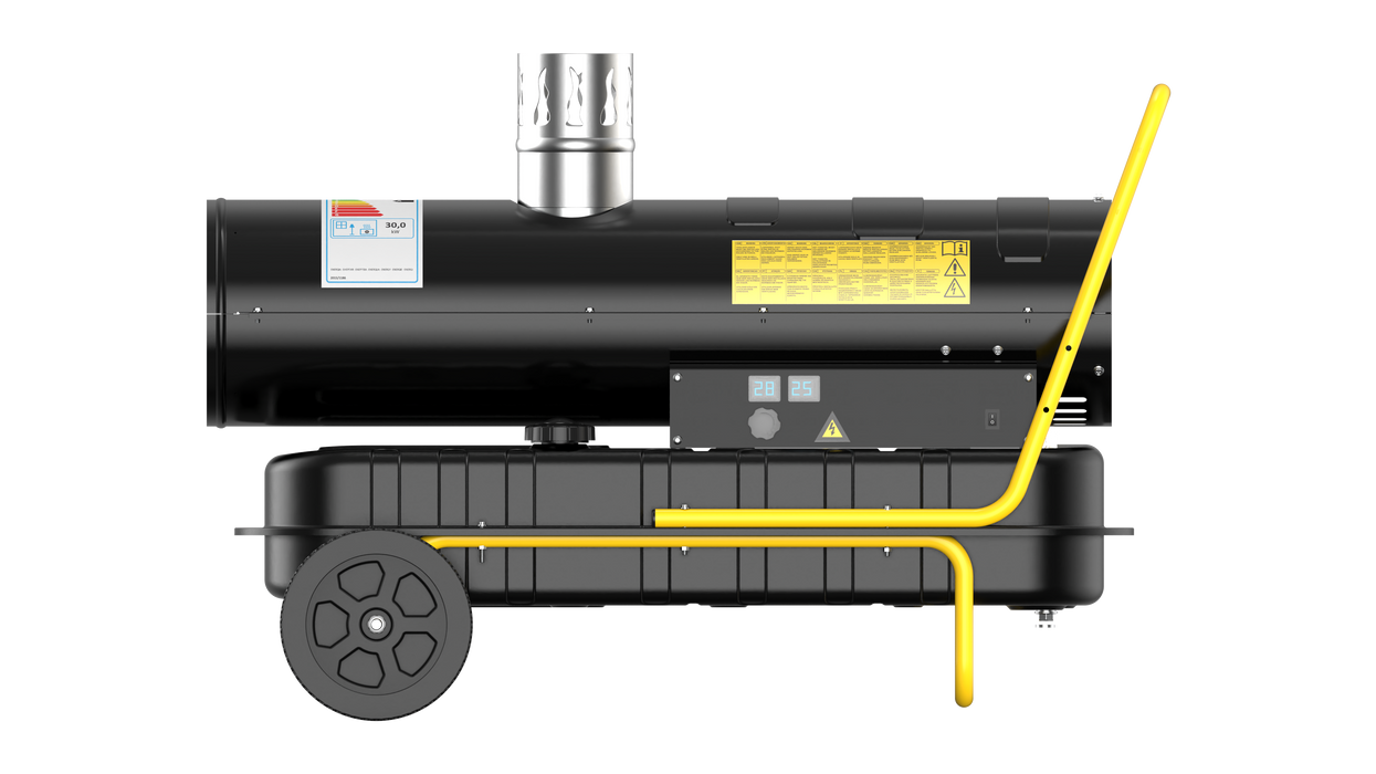DAHTEC Indirect Diesel heating 30 kW - industrial radiator - 50L large tank - large wheels, adjustable Thermostat & oil level indicator - for workshops, construction sites, agriculture