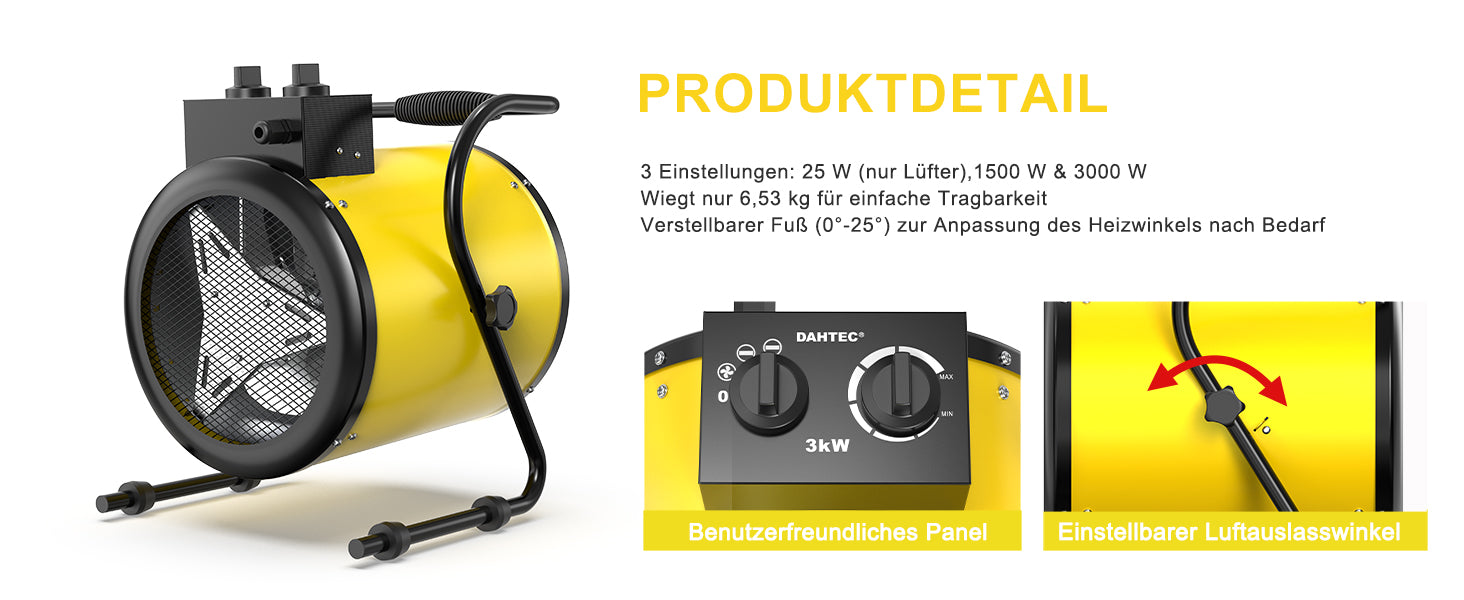 DAHTEC BG-C3 3000W Elektroheizlüfter – Industrie-Heizgerät mit Thermostat & 3 Stufen