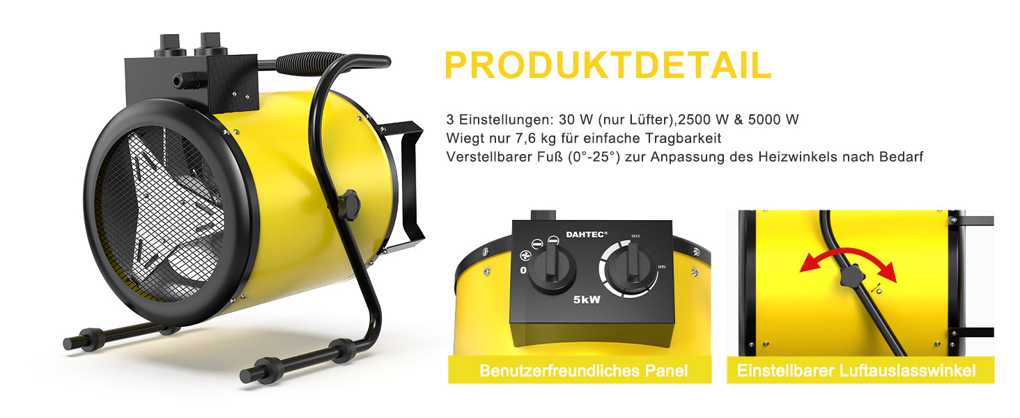 DAHTEC BG-C5 5000W Elektroheizlüfter – Industrie-Heizgerät mit Thermostat & 3 Stufen