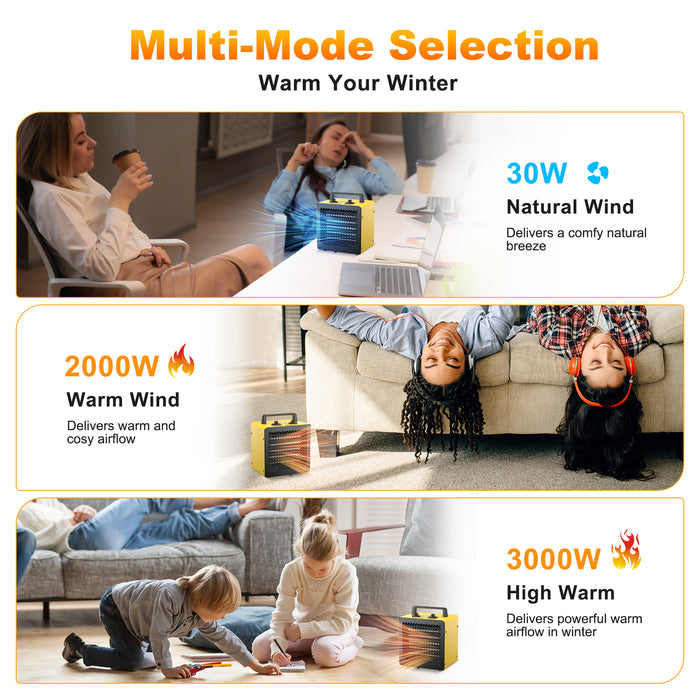 DAHTEC ceramic heating fan 3000W small heating radiator building heater with thermostat and 3 heating levels building dryer bathroom, table and indoor heating fan