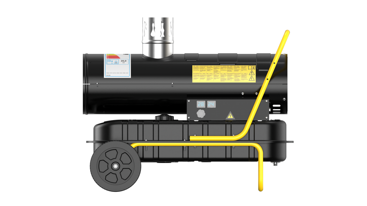 DAHTEC Indirect Diesel heating 20 kW - industrial radiator - 38L large tank - large wheels, adjustable Thermostat & oil level indicator - for workshops, construction sites, agriculture