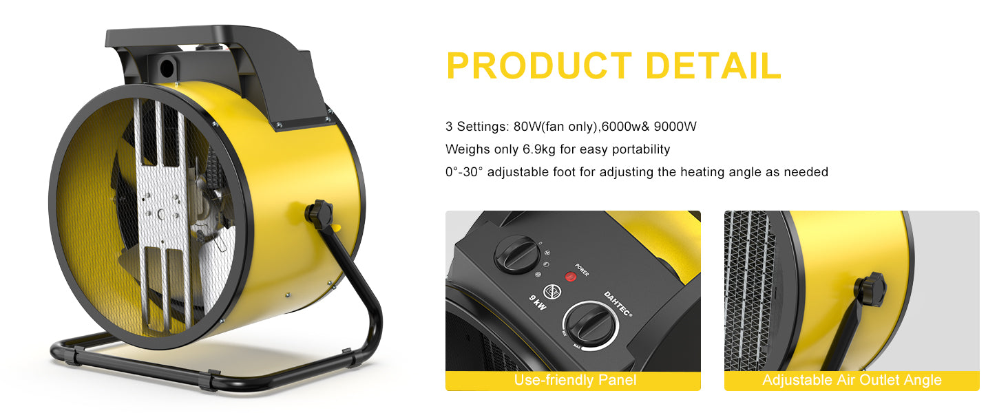 DAHTEC 9KW High Power Industrial Heater Electric Fan Heaters for Planting Greenhouse Workshop Heating Home