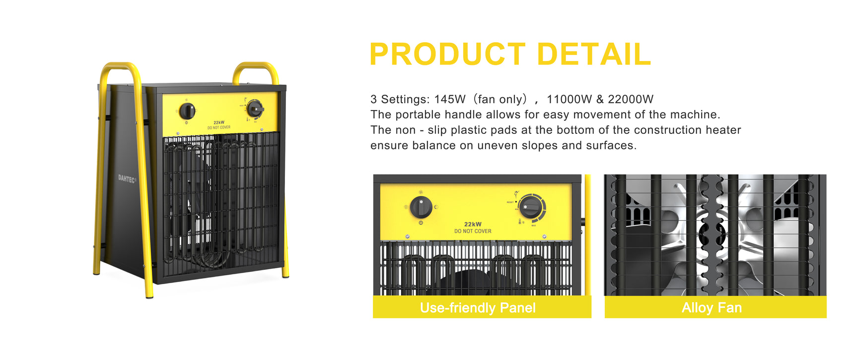 Dahtec industrial thermofan 22 kw - electric radiator - low consumption - thermostat and protection against overheating - for house, greenhouse or construction site