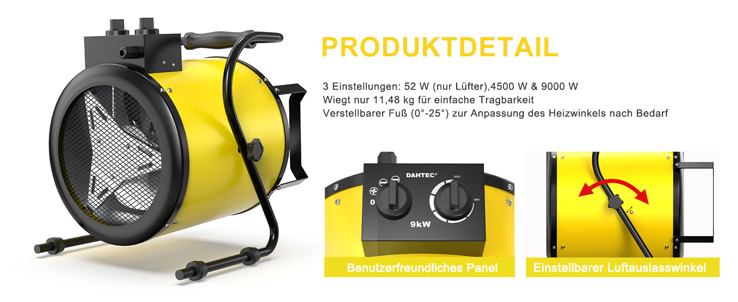DAHTEC BG-C9 9kW Elektroheizlüfter – Industrie-Heizgerät mit Thermostat & 3 Stufen