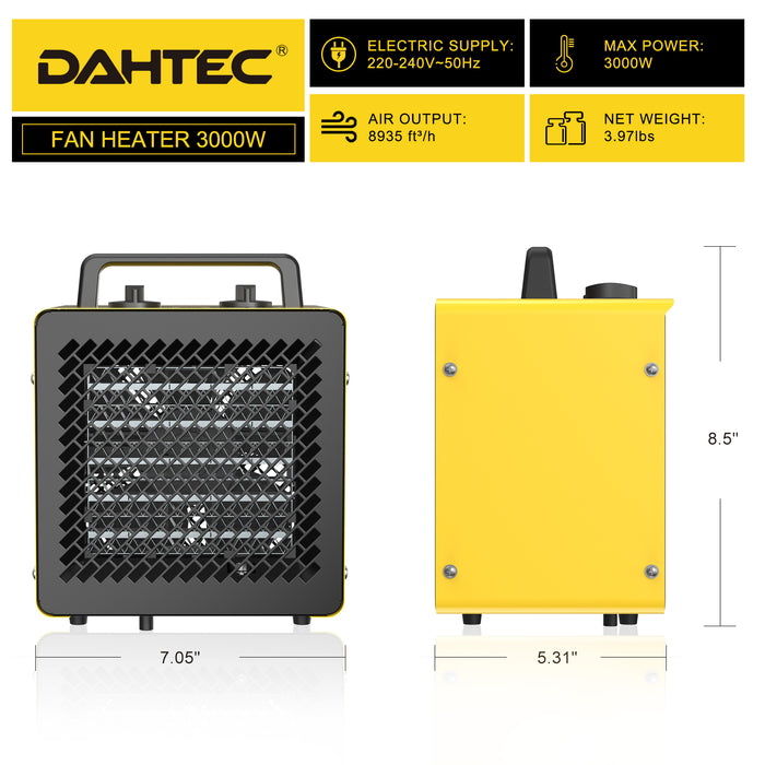 DAHTEC ceramic heating fan 3000W small heating radiator building heater with thermostat and 3 heating levels building dryer bathroom, table and indoor heating fan