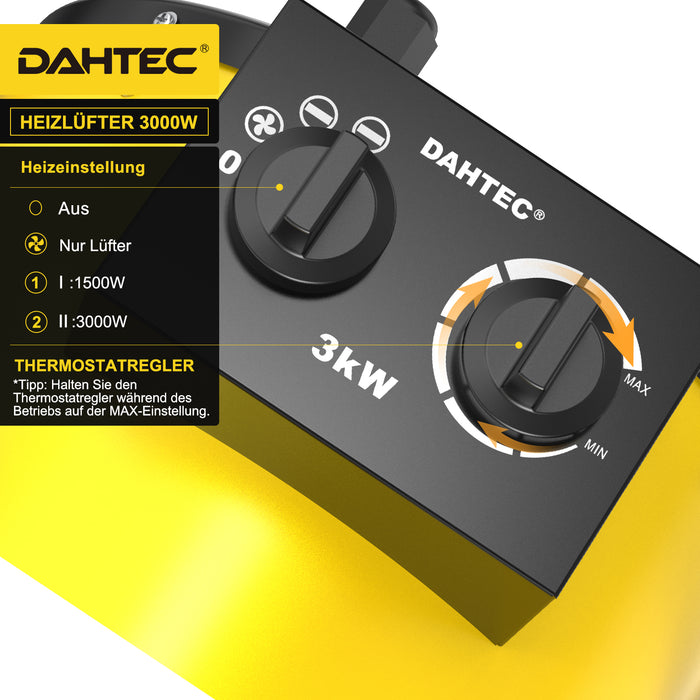 DAHTEC BG-C3 3000W Elektroheizlüfter – Industrie-Heizgerät mit Thermostat & 3 Stufen