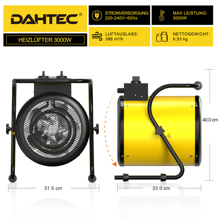DAHTEC BG-C3 3000W Elektroheizlüfter – Industrie-Heizgerät mit Thermostat & 3 Stufen