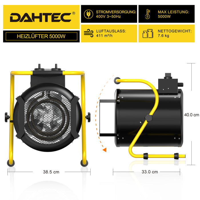 DAHTEC BG-C5 5000W Elektroheizlüfter – Industrie-Heizgerät mit Thermostat & 3 Stufen