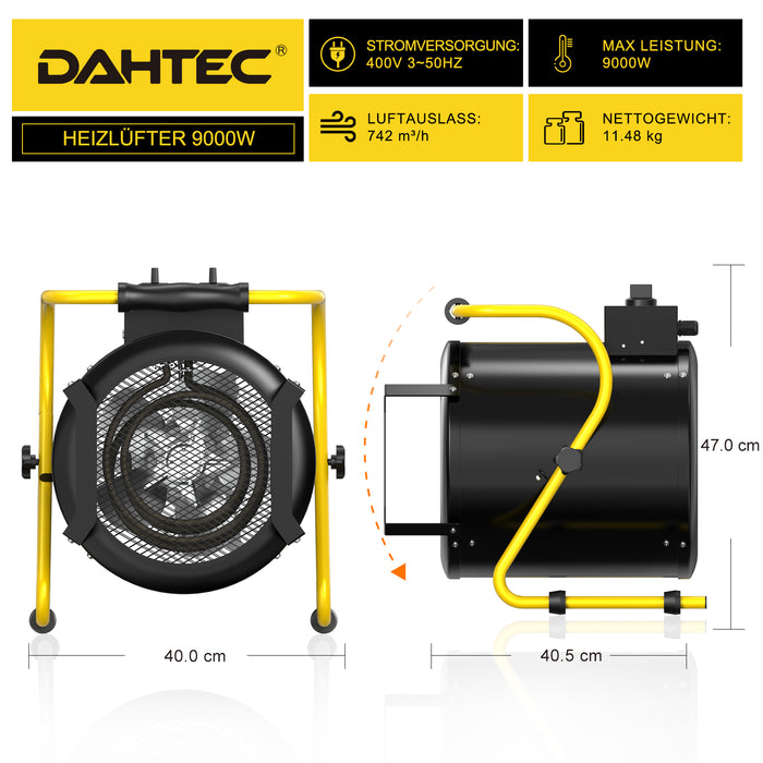 DAHTEC BG-C9 9kW Elektroheizlüfter – Industrie-Heizgerät mit Thermostat & 3 Stufen