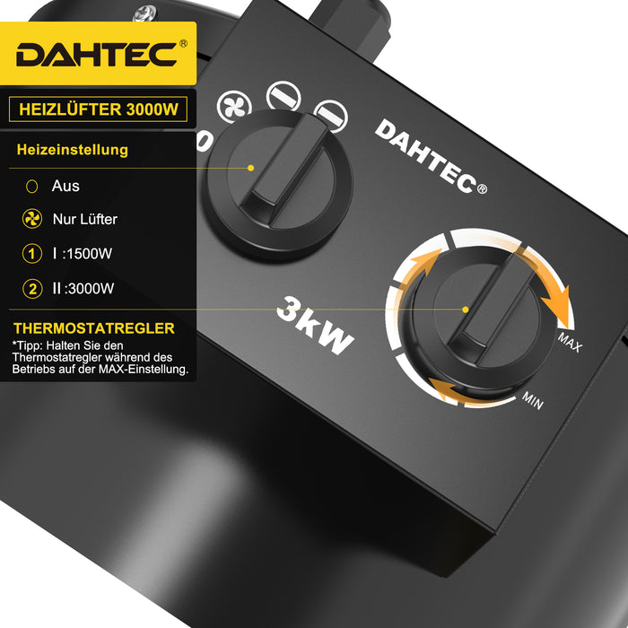 DAHTEC BG-C3 3000W Elektroheizlüfter – Industrie-Heizgerät mit Thermostat & 3 Stufen