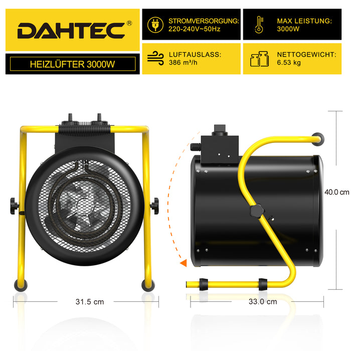 DAHTEC BG-C3 3000W Elektroheizlüfter – Industrie-Heizgerät mit Thermostat & 3 Stufen