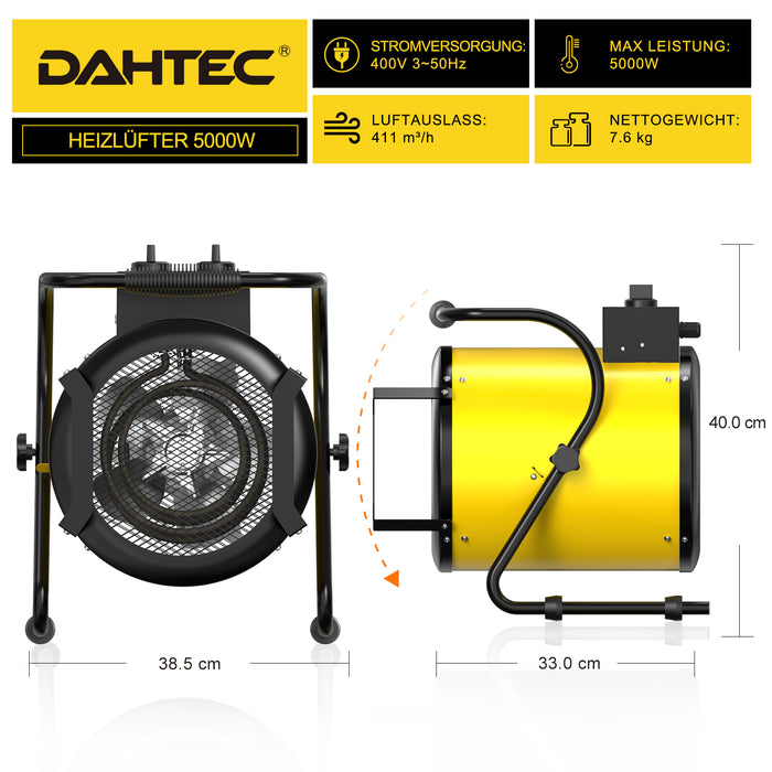 DAHTEC BG-C5 5000W Elektroheizlüfter – Industrie-Heizgerät mit Thermostat & 3 Stufen