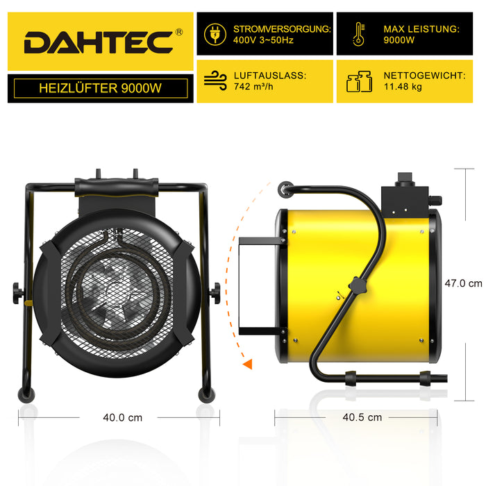 DAHTEC BG-C9 9kW Elektroheizlüfter – Industrie-Heizgerät mit Thermostat & 3 Stufen